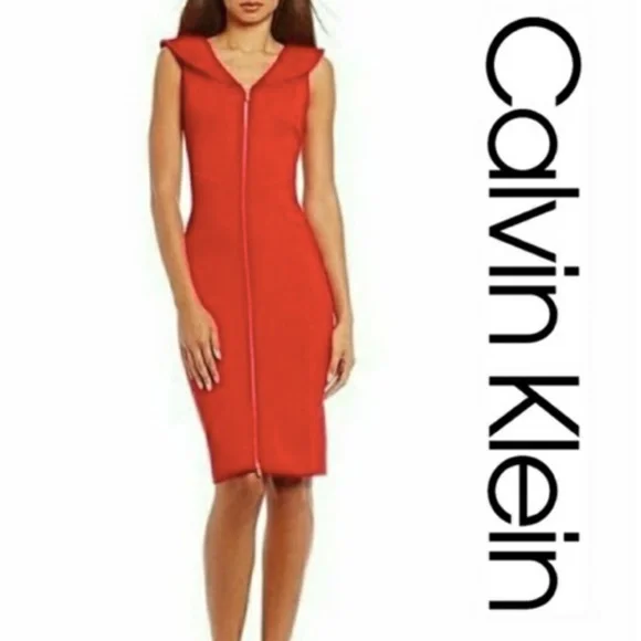 Calvin Klein Dresses Calvin Klein Red Dress With Front Zipper In Gold Poshmark